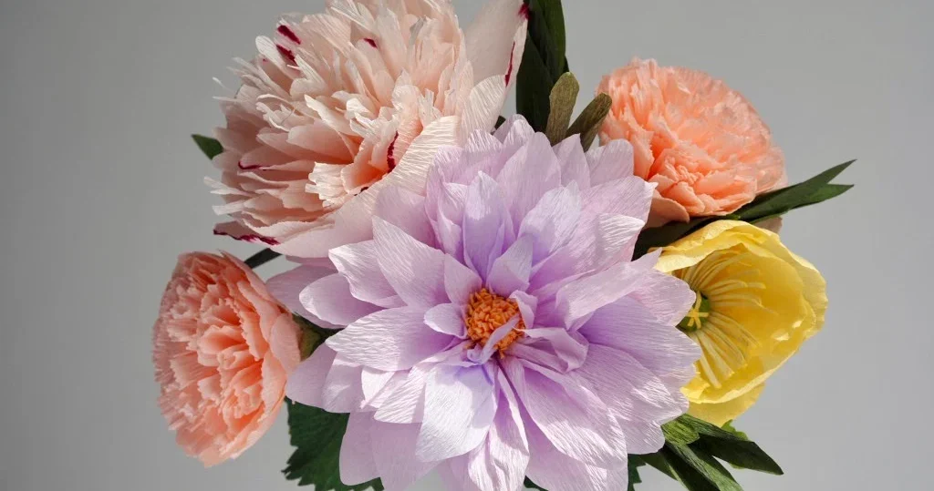 Close-up of paper peony petals showing intricate handcrafted texture and folds
